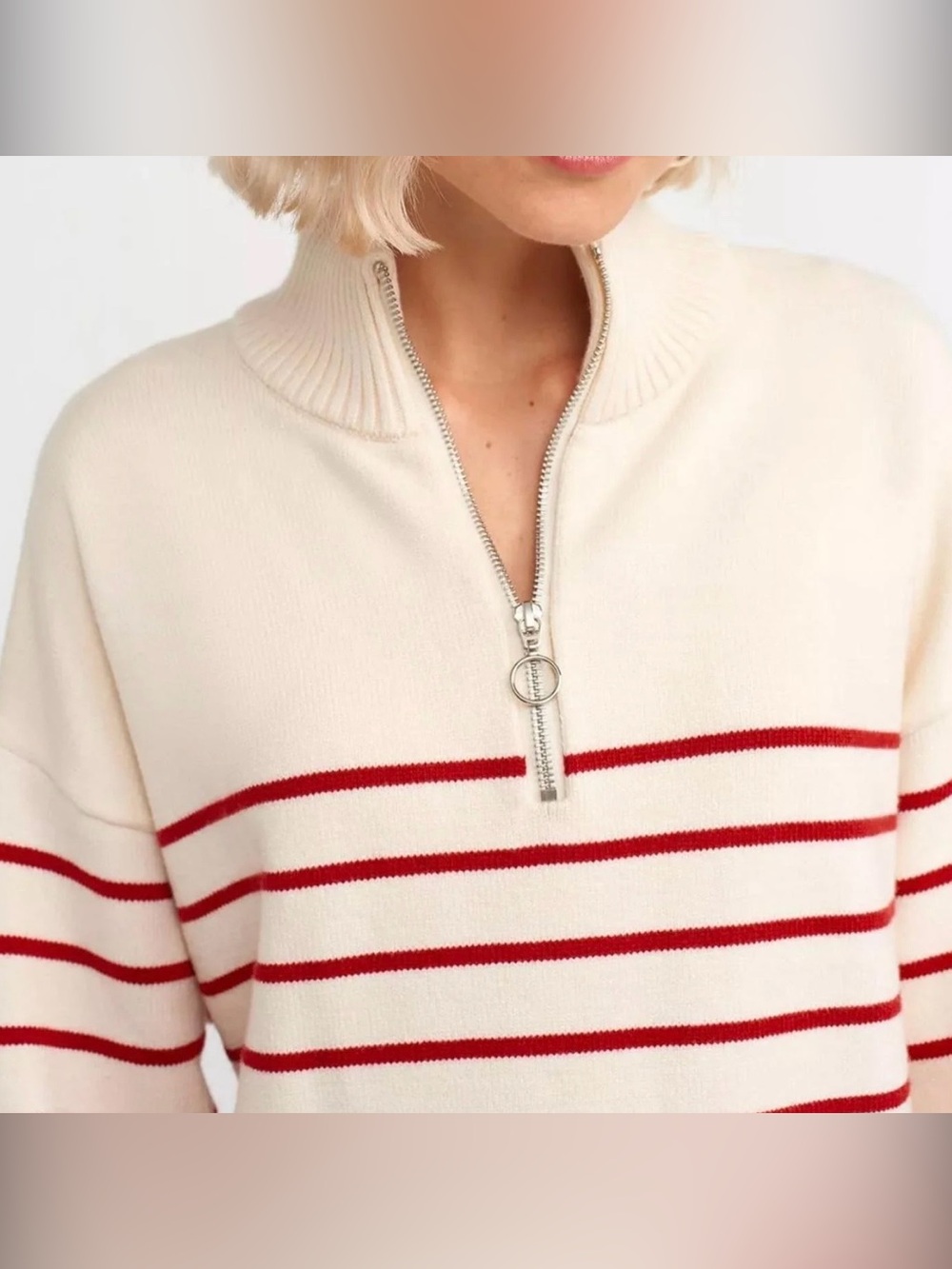 NWT Design History Cream Half-Zip Sweater with Red Stripes Sz M